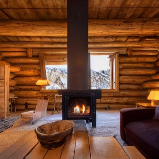 Prompt: cozy fireplace in a cabin on the dolomites, wood, open window