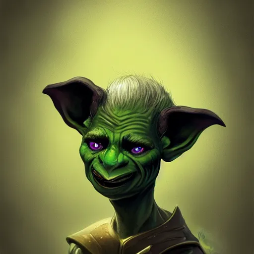 Image similar to headshot of a goblin with a bulbous nose, long ears, black slick hair, a white clouded eye and a scar, wicked smile, greenish skin, dnd illustration, concept character in the style of boris vallejo and jeff easley, digital art, photoshop, trending on artstation,