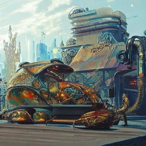 Image similar to painting of syd mead artlilery scifi fish tank with ornate metal work lands on a sidewalk, filigree ornaments, volumetric lights, simon stalenhag