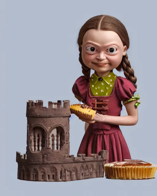 Image similar to highly detailed closeup, face profile portrait of a tin toy greta thunberg as a medieval goblin eating cakes in a castle, bikini, depth of field, nicoletta ceccoli, mark ryden, lostfish, dan decarlo, bob clampett, max fleischer, detailed and intricate environment, 8 k resolution, hyperrealistic, octane render