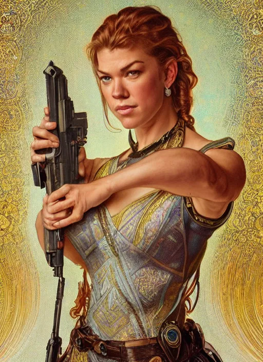 Image similar to Adrianne Palicki as a beautiful young woman holding a pistol, fantasy, intricate, elegant, highly detailed, centered, digital painting, artstation, concept art, smooth, sharp focus, illustration, art by artgerm and donato giancola and alphonse mucha