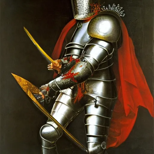 Prompt: a realistic painting by Raffaello Sanzi depicting the knight in shining armor with the head of the symbiotic Carnage in the Renaissance.