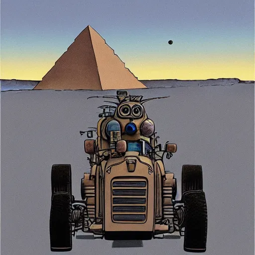 Prompt: a study of cell shaded cartoon of a mechanized grey owl from howl's moving castle ( 2 0 0 4 ), in front of pyramids on a desert road, full body, wide shot, very muted colors, post grunge, studio ghibli, laurie greasley, highly detailed, deviantart, art by artgem