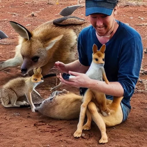 Image similar to baby dingo, baby emu, baby kangaroo, all playing together and eating vegemite sandwiches in a ballpit in the outback