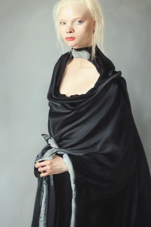 Image similar to hyperrealism oil painting, close - up portrait of albino medieval fashion model, black silk, steel gradient mixed with nebula sky, in style of baroque