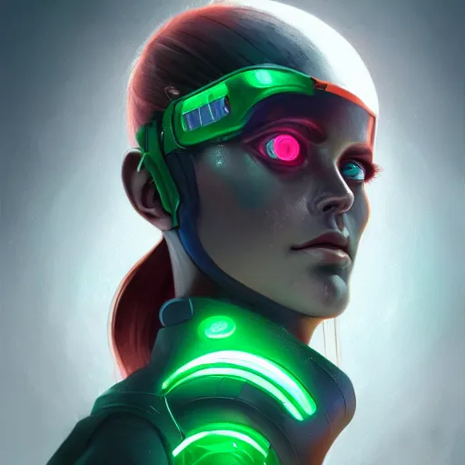 Prompt: a portrait of a beautiful cyborg girl, red hair, glowing green eyes, urban motifs, intricate, elegant, highly detailed, digital painting, trending on artstation, concept art, smooth sharp focus, illustration, raytracing, 8 k rendering, global illumination