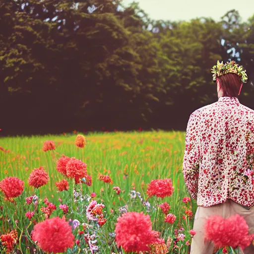 Image similar to kodak portra 4 0 0 photograph of a skinny blonde goth guy standing far back in a field of flowers, back view, flower crown, moody lighting, telephoto, 9 0 s vibe, blurry background, vaporwave colors, faded!,