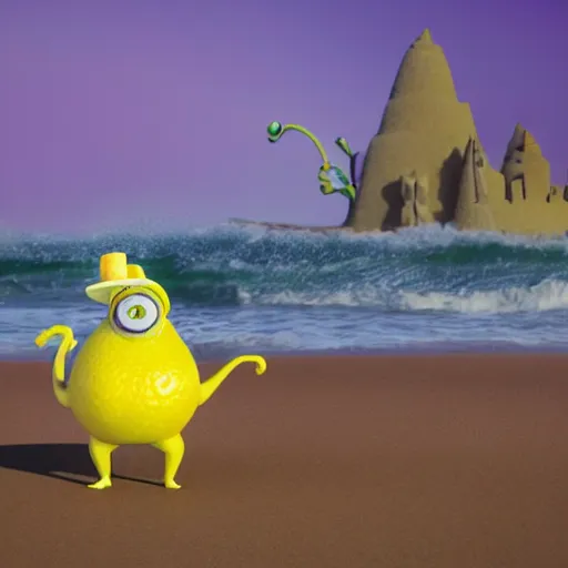 Image similar to 3 d octane render, of a hot anthropomorphic lemon female character inspired by the movie monsters inc, with lemon skin texture, she is wearing a hat, building a sandcastle on the beach at sunset, beach, huge waves, sun, clouds, long violet and green trees, rim light, cinematic photography, professional, sand, sandcastle, volumetric lightening