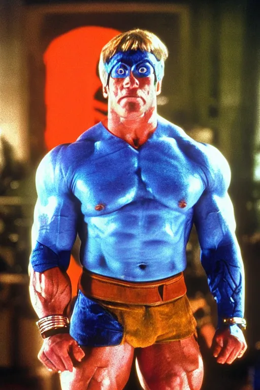 Image similar to arnold schwarzenegger as he - man, full body, symmetrical features, color photo, 1 9 8 5 photograph, kodachrome, aged paper, sergio leone, master prime lenses, cinematic