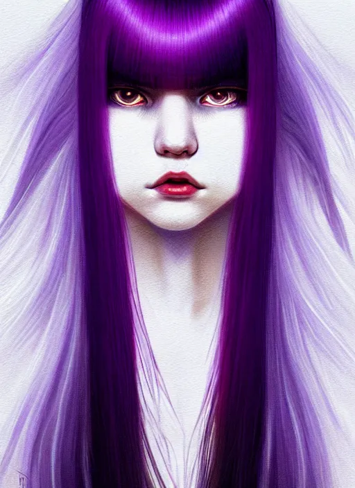 Image similar to hair whitebangs hair, black hair, whitebangs, portrait of teenage girl with white bangs, red irises, purple clothes, white bangs, bangs are different color from hair, intricate, elegant, glowing lights, highly detailed, digital painting, artstation, concept art, smooth, sharp focus, illustration, art by wlop, mars ravelo and greg rutkowski