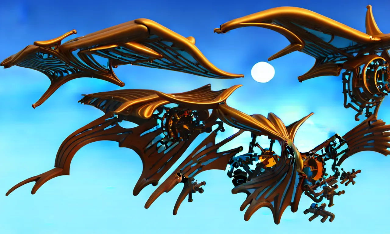 Prompt: mechanical flying ship with giant animallike wings