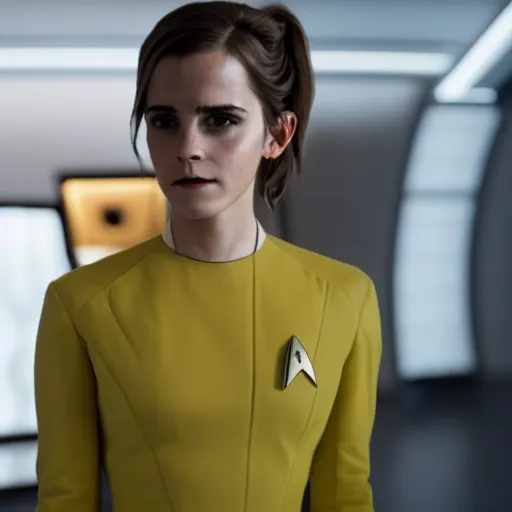 Prompt: Emma Watson in Star Trek, XF IQ4, f/1.4, ISO 200, 1/160s, 8K, Sense of Depth, color and contrast corrected, RAW, Dolby Vision, symmetrical balance, in-frame