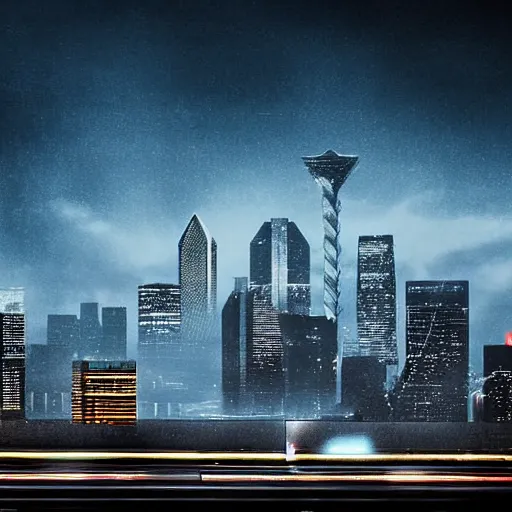 Prompt: dystopian and bleak Dallas skyline, bladerunner 2049 cyberpunk style, highly detailed photograph