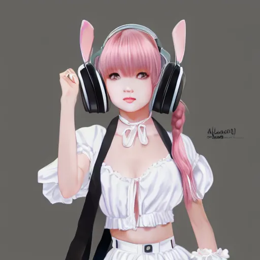 Image similar to realistic detailed semirealism beautiful gorgeous cute Blackpink Lalisa Manoban wearing white camisole maid outfit maid costume, white hair white cat ears blue eyes, headphones, black leather choker full HD 4K high resolution quality WLOP, Aztodio, Taejune Kim, Guweiz, Pixiv, Instagram, Artstation