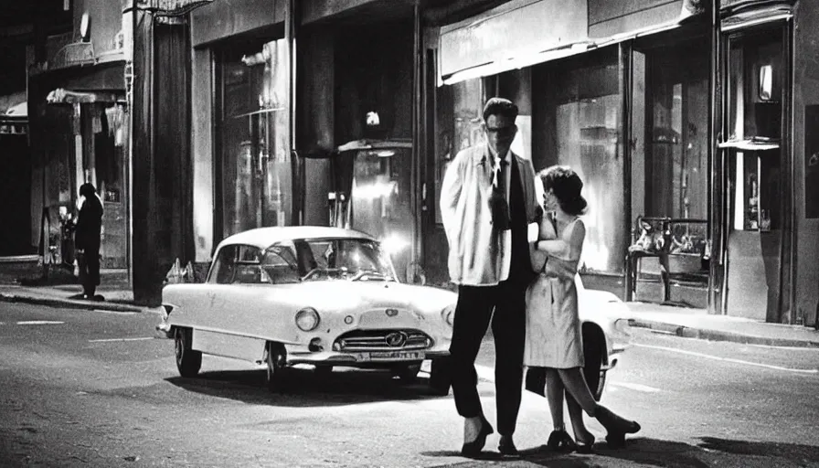 Image similar to “A still from a modern black and white French art house movie 1960’s. City street, car, man and woman in love, Cinematic lighting, highly detailed, close-up,”