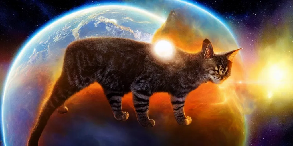 Image similar to a giant cat eating the earth planet, scifi, artstation, cosmos exploration, realistic photo, 4 k, photo by nasa, hubble telescope, cosmos