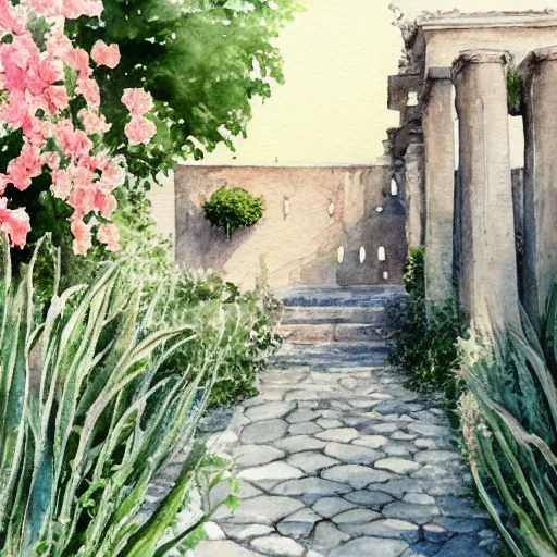 Prompt: delicate, garden, paved, botanic watercolors, iridescent, 8 k, realistic shaded, fine details, artstation, italian, chairs, gate, oak tree, pompeii