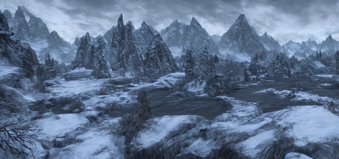 Prompt: skyrim throat of the world mountain as seen from whiterun, skyrim, elder scrolls, winter weather, landscape photography, professional photography, 8k realism, hyper realism, wide shot