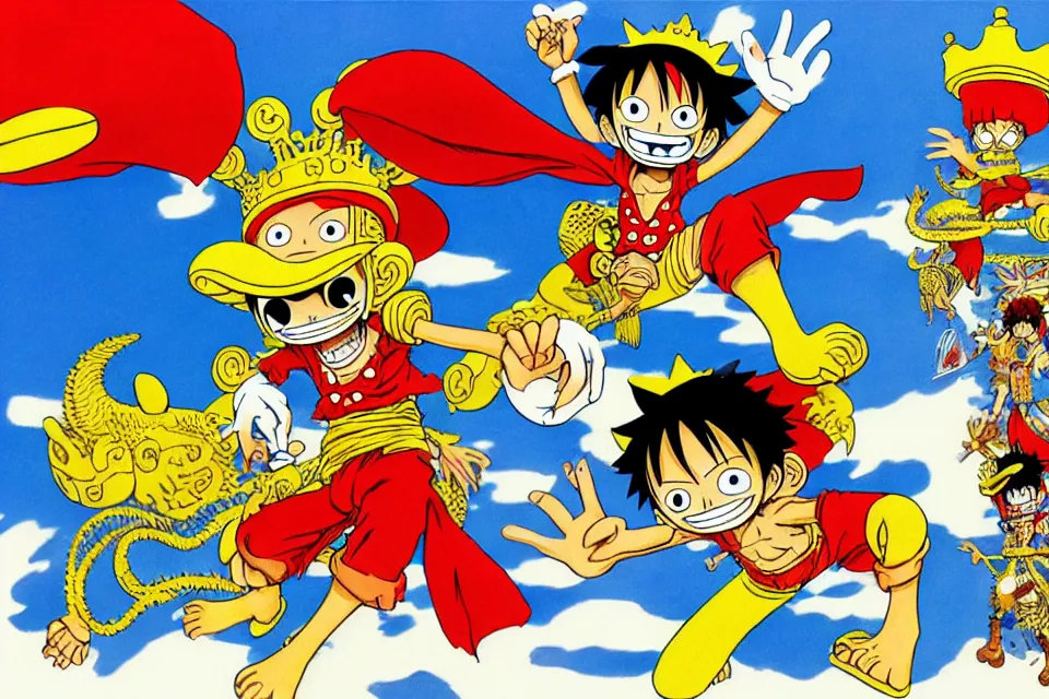 Image similar to concept sketches of luffy wearing a gold crown riding a large dragon by jamie hewlett, in the style of megaman, micro detail, disney