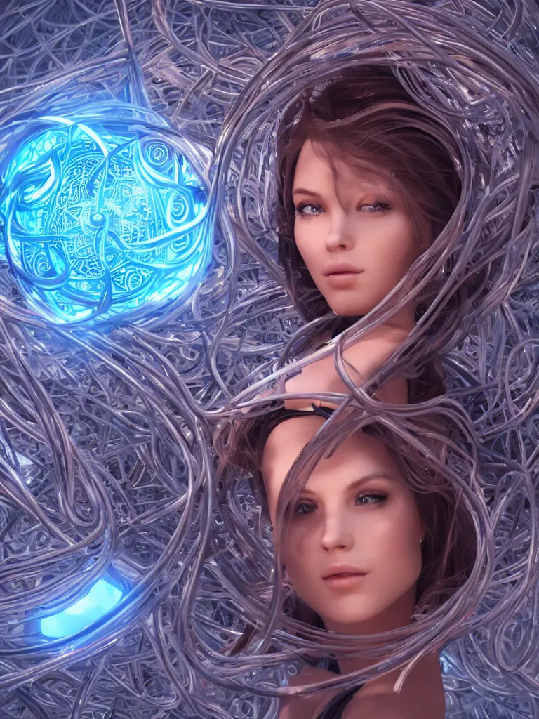 Image similar to a centered render of an alluring model floating through a robotic tunnel surrounded by flowing tendrils of energy and spiral mandalas, full body, gorgeous face, perfect face, powerful, by artgerm, 3 d, trending on artstation, octane render, 8 k