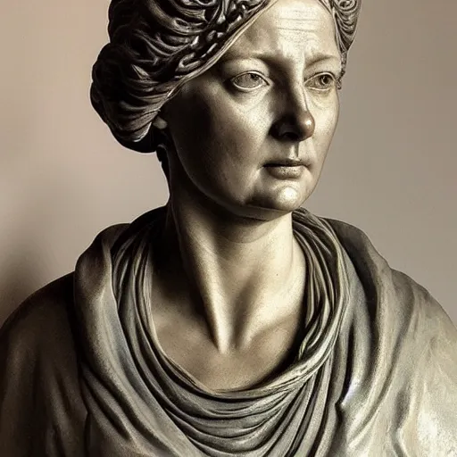 Image similar to beautiful lifelike award winning marble statue bust of dronning magrethe trending on art station artgerm greg rutkowski alphonse mucha museum quality cinematic atmospheric