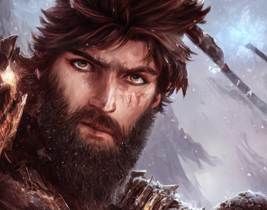 Image similar to one male barbarian face with ice crystal shards, beautiful red eyes, brown hair, brown beard, beautiful graphics, fantasy artwork, very beautiful scenery, hd, hdr, ue 5, ue 6, unreal engine 5, cinematic 4 k wallpaper, 8 k, ultra detailed, by popular digital, details, beautiful image ever created, high resolution, artstation, award winning