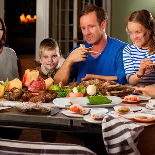 Prompt: a family sitting around the dinner table eating parts of a live cow