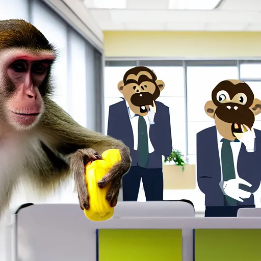 Prompt: monkeys as employees in the cubical offices, throwing bananas and folders on clients