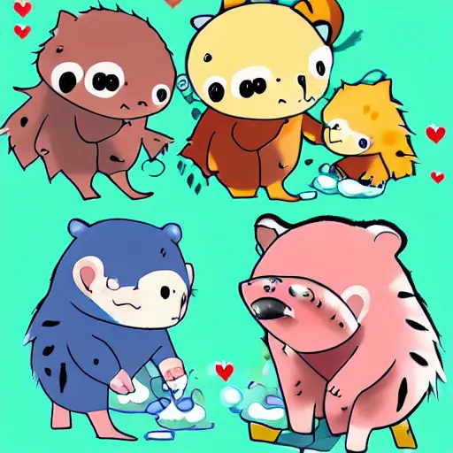 Image similar to baby hedgehogs in the style of cute anime, adorable, cute, art station