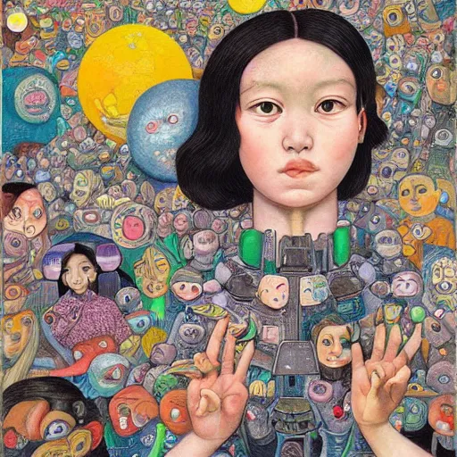 Prompt: A mixed mediart. A rip in spacetime. Did this device in her hand open a portal to another dimension or reality?! by Hikari Shimoda, by Diego Rivera realist