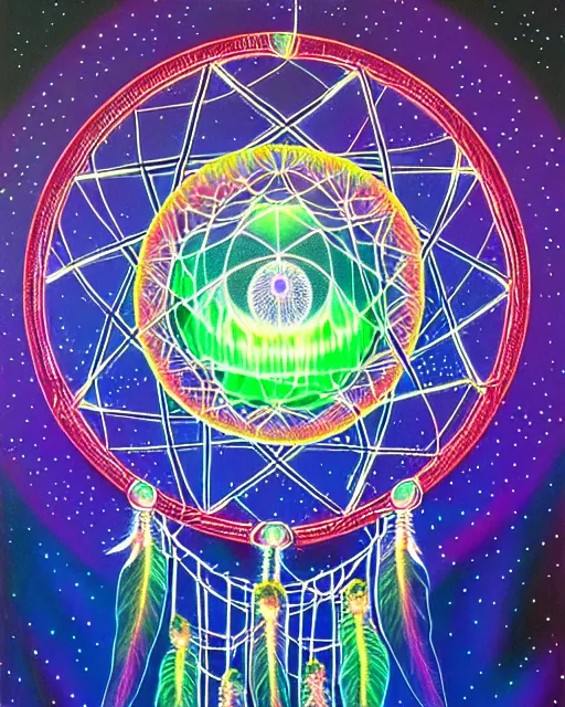 Image similar to detailed realistic dreamcatcher geometric glow painting a jellyfish emitting light in the cosmos by alex grey symmetry