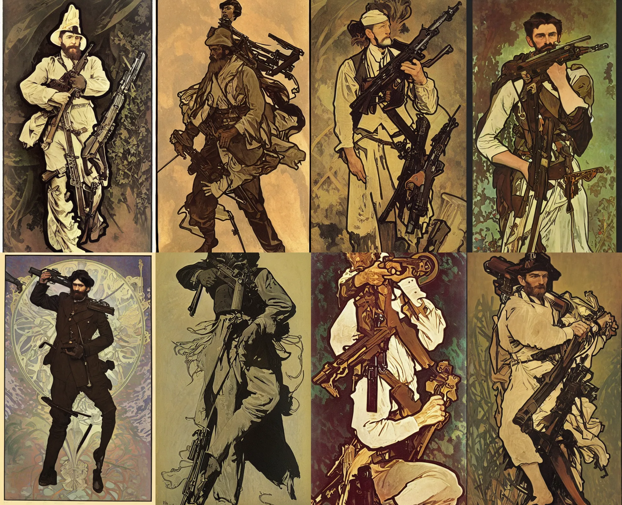 Prompt: portrait of John Brown wielding a rifle, by Alphonse Mucha and Amano and David Lozeau
