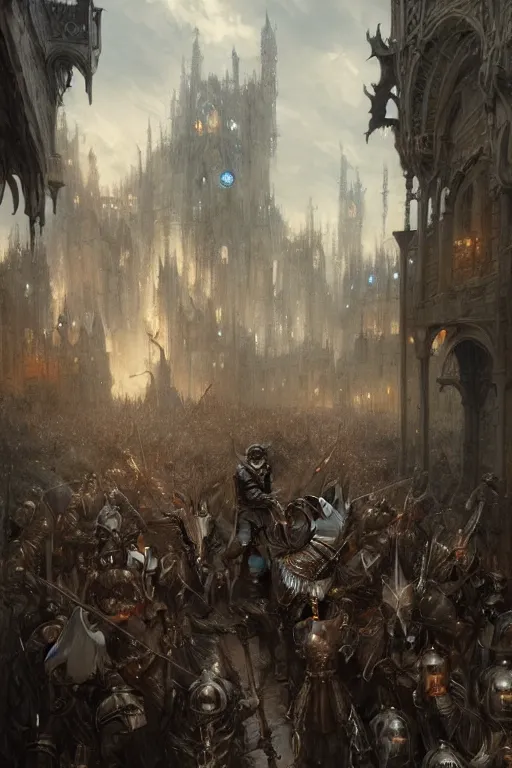 Image similar to medieval parade of knights, by wlop, by luis royo, by peter mohrbacher, concept art, digital illustration, intricate, masterpiece, elegant, super detailed, unreal engine rendering, smooth, sharp focus, artstation hq