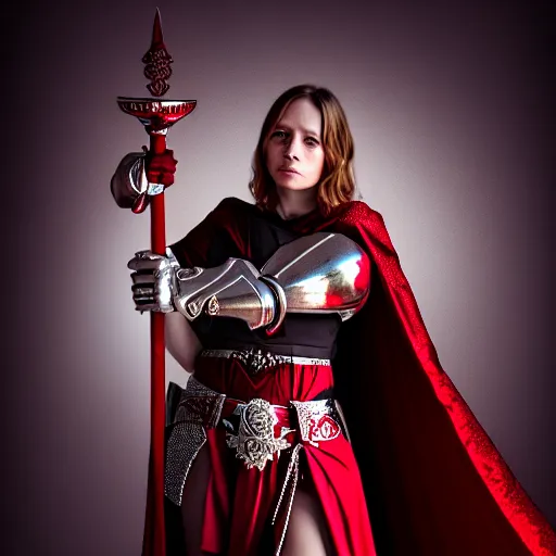 Image similar to a beautiful woman in a crimson cloak holding a glowing white spear and an obsidian shield, silver intricate armor, spotlight, ornate, realistic, cinematic lighting, sunbeams, volumetric lighting, epic pose, victorian, opulent 4 k