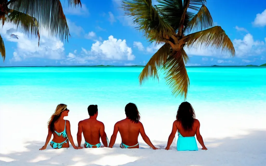 Prompt: alone together peaceful sipping pina coladas on a beautiful tropical island beach, white sands, perfect sunset, turquoise lagoon