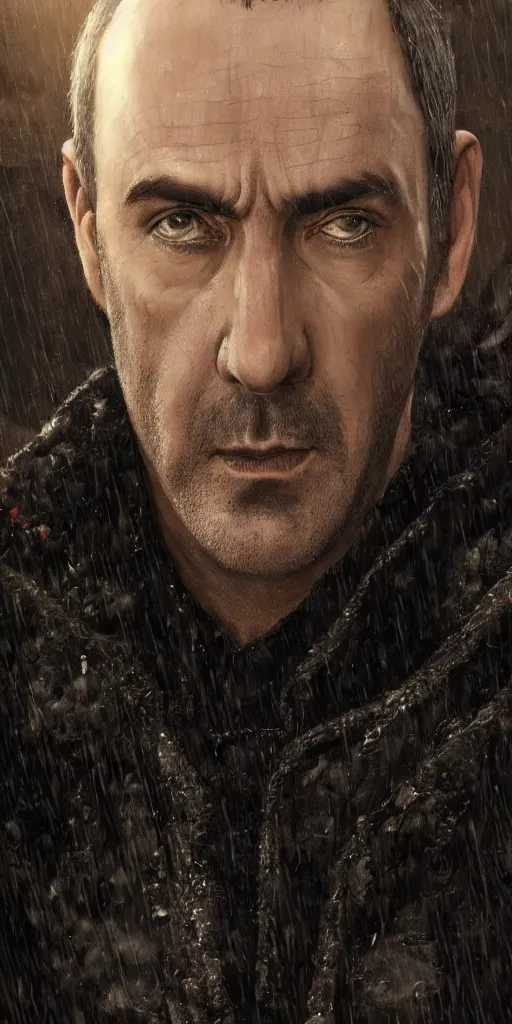 Image similar to stannis baratheon, artstation, high detail, dramatic lighting, heavy rain