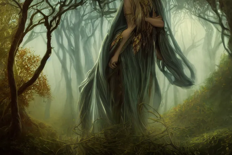 Image similar to cinematic painting, portrait of a dryad inspired by brian froud inspired by dungeons and dragons, fey, mysterious, sacred musician druid, she's emerging from shadow, face partially hidden by a hooded cloak, ice blue eyes, autumn forest, trending on art station, hard focus, cinematic sunset evening lighting, ominous shadows by jessica rossier