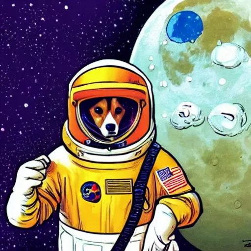 Prompt: a corgi cosmonaut sitting on the moon, comic book art, alan moore, watchmen, vivid colors, highly detailed