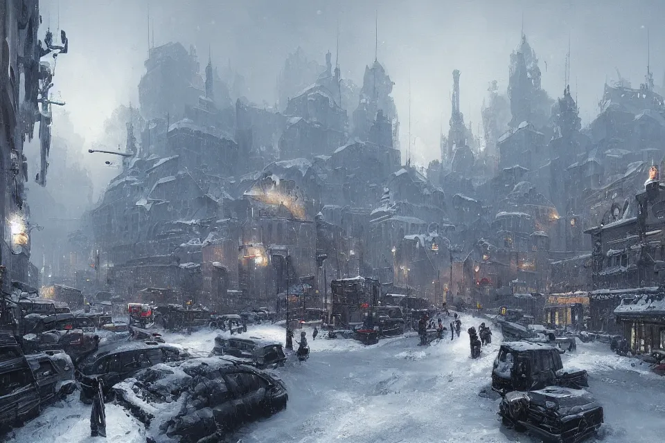 Prompt: highly detailed painting of dieselpunk stockholm, winter, snow, dystopia, by greg rutkowski, by raphael lacoste, 4 k resolution, trending on artstation