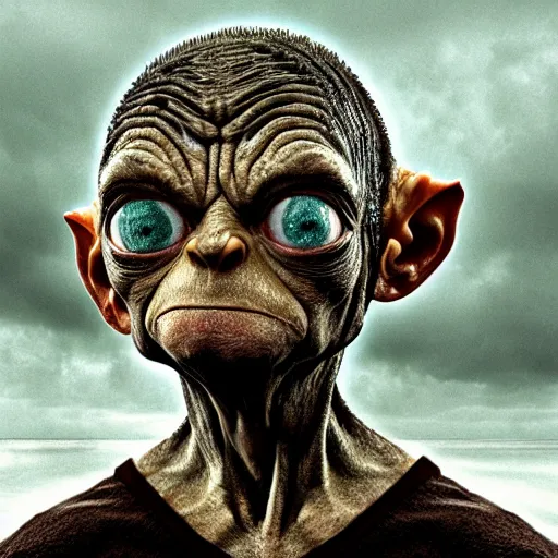 Prompt: gollum - faced with, thunderstorm, rain, depressive