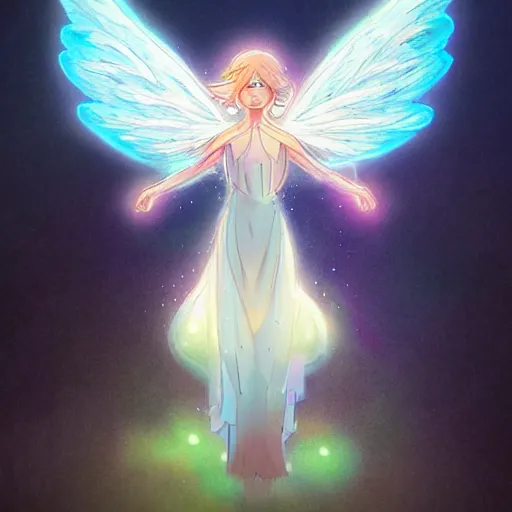 Prompt: a spirit fairy with glowing light wings, highly detailed, digital painting, trending on artstation, concept art, sharp focus, high detail, illustration,, disney artist, anime style, sharp focus, ghibli studio, art by ross draws and stanley artgerm, 8 k
