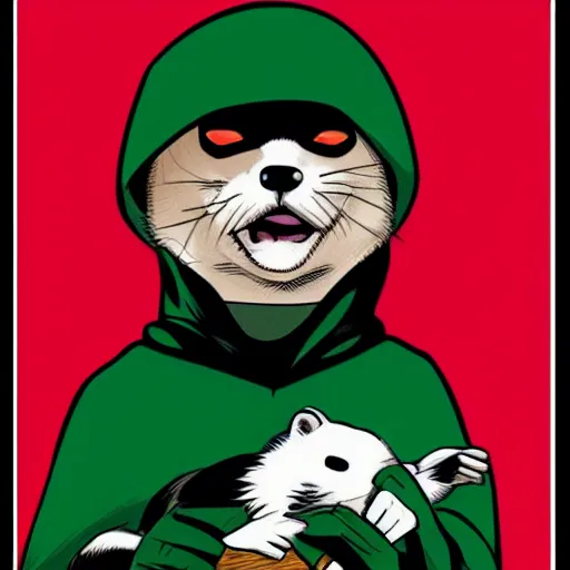 Image similar to A ferret is a superhero, cute green cape, black mask, red suit, he's fighting a villain, comic book art