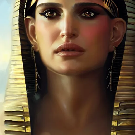 Prompt: closeup portrait of natalie portman as cleopatra, pyramid background, dramatic light, gorgeous view, depth, high detail, digital art, concept art painted by greg rutkowski, trending on artstation