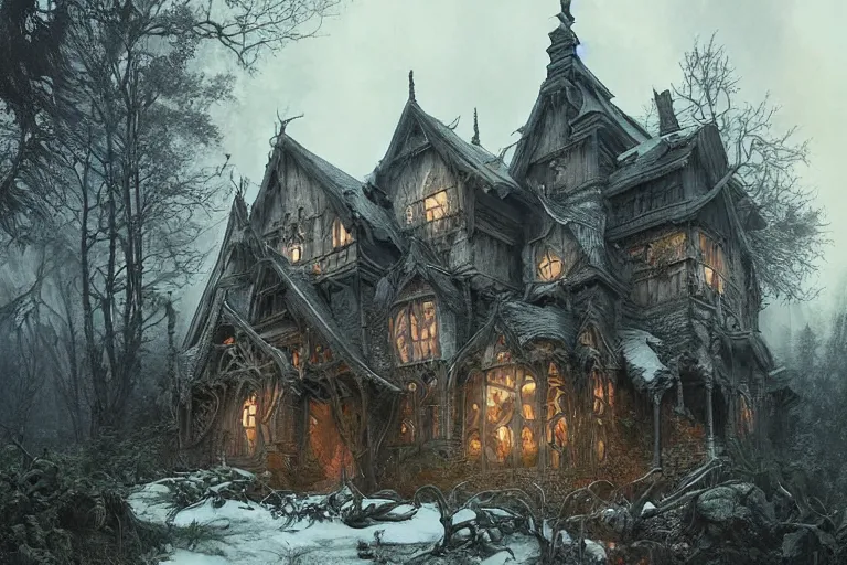 Image similar to painting of an evil witch house in the grim, forest, concept art, intricate details, eerie, highly detailed, photorealistic, octane render, 8 k, unreal engine. art by artgerm and greg rutkowski and alphonse mucha