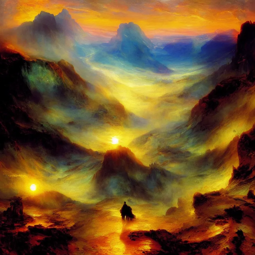 Prompt: artwork of the atmospheric indie album titled :'the eternal road to sunrise ', painted by thomas moran.