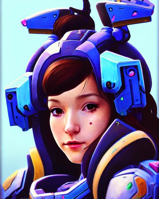 Image similar to d. va from overwatch, character portrait, portrait, close up, concept art, intricate details, highly detailed in the style of chris foss and rodger dean