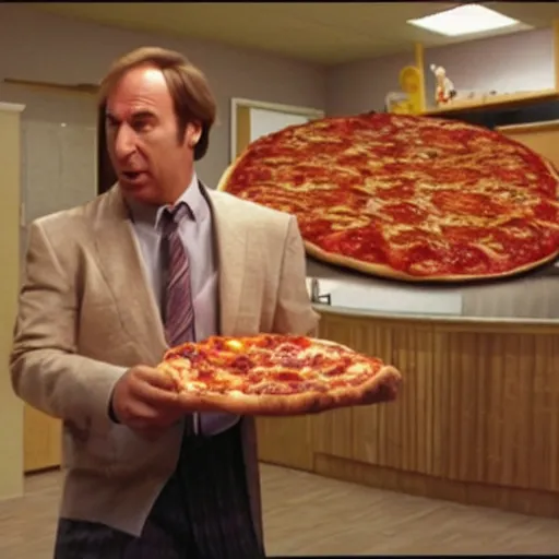 Prompt: Saul Goodman eating a gigantic pizza covering an entire room