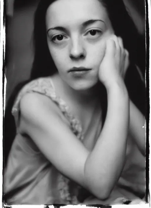 Prompt: black and white film photography, portrait of young marie laforet in darkness, 35mm, film photo