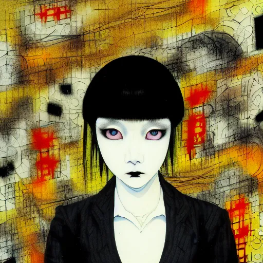 Prompt: yoshitaka amano blurred and dreamy realistic three quarter angle portrait of a young asian woman with black lipstick and black eyes wearing dress suit with tie, junji ito abstract patterns in the background, satoshi kon anime, noisy film grain effect, highly detailed, renaissance oil painting, weird portrait angle, blurred lost edges