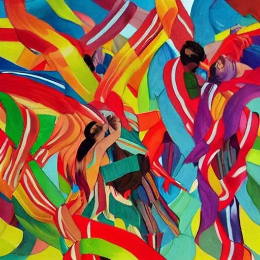 Prompt: painting people dancing wrapped up in ribbons of color